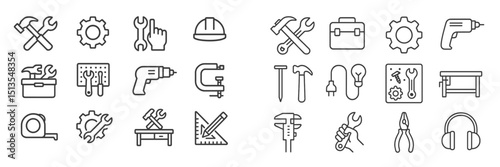 Collection of hand tools and construction icons illustrating various activities associated with building and repairs