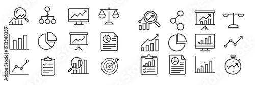Collection of business and data analysis icons in minimalist design for presentations and reports