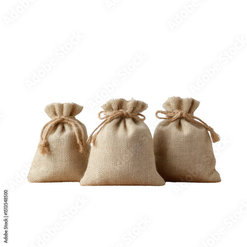 Three burlap sacks tied with twine on a white isolated background, perfect for representing packaging, shipping, or storage.