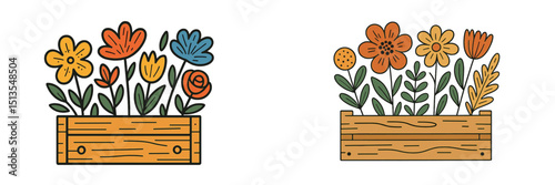Colorful hand-drawn flowers in wooden boxes brighten up any garden or indoor space