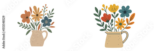 Floral arrangements in simple vases showcasing a colorful garden theme in a minimalist style