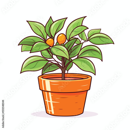 Stylish Plant in Pot with Orange Lines Vector Illustration for Interior Design