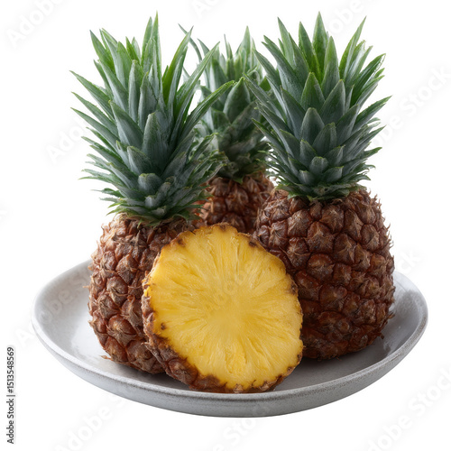 Three fresh pineapples on a plate, one pineapple cut open to reveal juicy yellow flesh, against a white isolated background.
