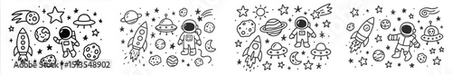 Creative space-themed doodles featuring astronauts, rockets, and planets in a whimsical style