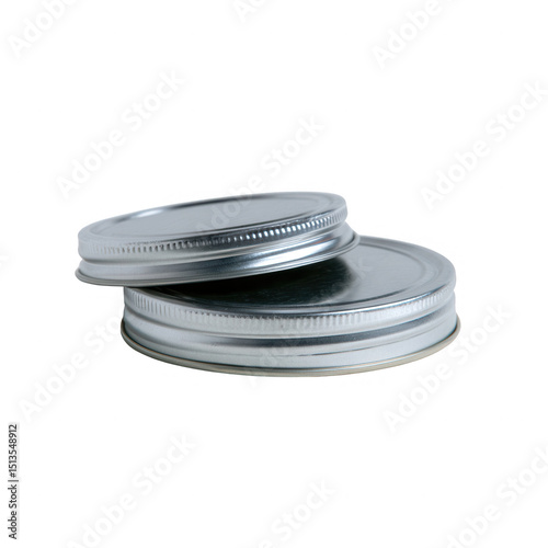 Two metal lids stacked, highlighting their shiny, reflective surface against a white background, perfect for canning or storing food, emphasizing simplicity and functionality.