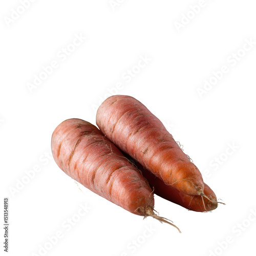Two fresh, organic, orange carrots with a slightly curved shape, displayed on a white isolated background. Perfect for healthy eating concepts and vegetable-themed projects.