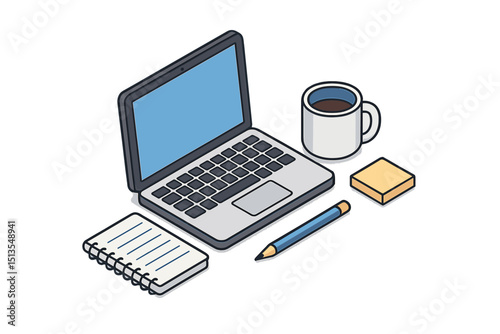 Workspace setup with laptop, coffee mug, notepad, and pencil for productive work session