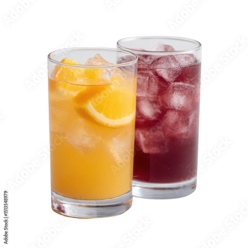 Two refreshing drinks in glasses, one orange juice with ice and a slice of orange, and one dark berry beverage with ice. Ideal for summer and social gatherings.