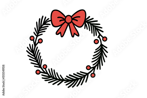 Festive holiday wreath design featuring evergreen branches and a red bow