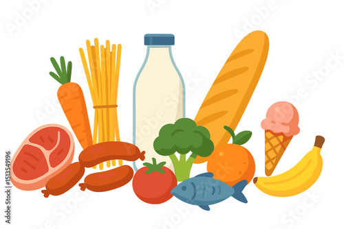 Colorful assortment of food items including vegetables, fruits, and dairy on a white background