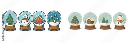 Decorative snow globes showcasing winter scenes with holiday themes and cheerful characters in a whimsical arrangement