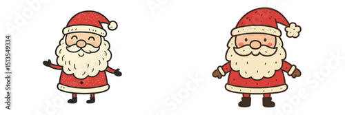 Santa Claus characters smiling and waving, celebrating the festive season with cheerful expressions