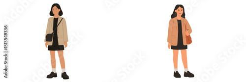 Stylish young women in casual outfits standing confidently in a minimalist setting