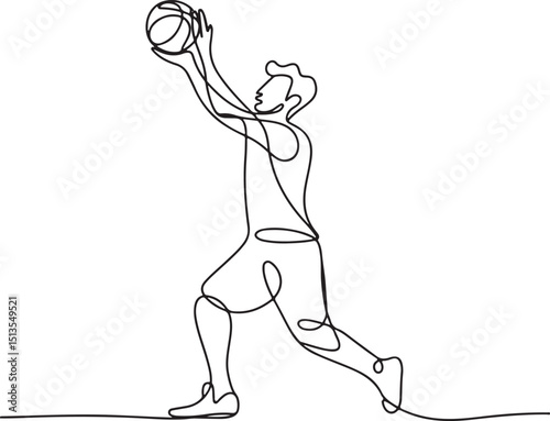 Man playing basketball in one continuous line art style, minimalist hand-drawn silhouette vector illustration in black outline

