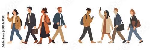 People walking in a city setting, engaged in conversations and using smartphones during a busy afternoon