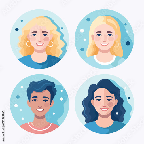 Collection of Cheerful Young Blonde People Smiling Happily against Blue Background - Vector Illustration