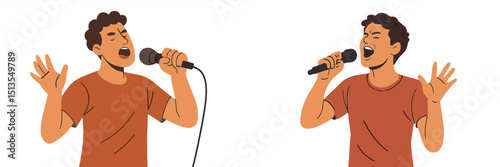 Young man passionately singing while holding a microphone during a lively performance on stage