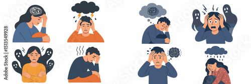 Various illustrations depicting mental health struggles and emotional distress in individuals facing anxiety, depression, and stress