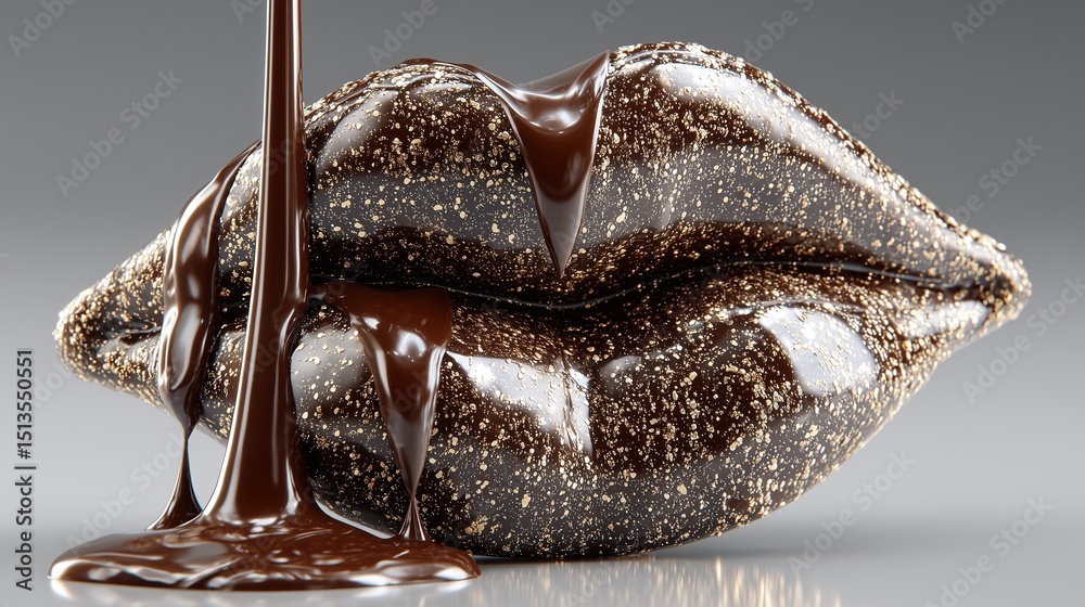 © zack - Melting Chocolate Sculpture Forming Kissing Lips with High Gloss Texture on Slate, Dessert Close-Up for Valentine Gourmet Promotion