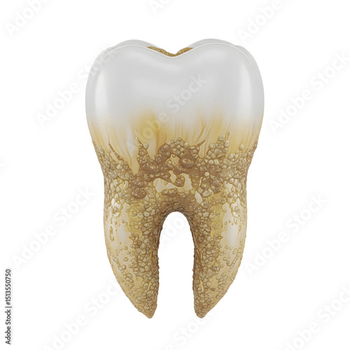 3D tooth with visible plaque buildup and yellowish deposits on enamel showing dental hygiene detail on transparent background