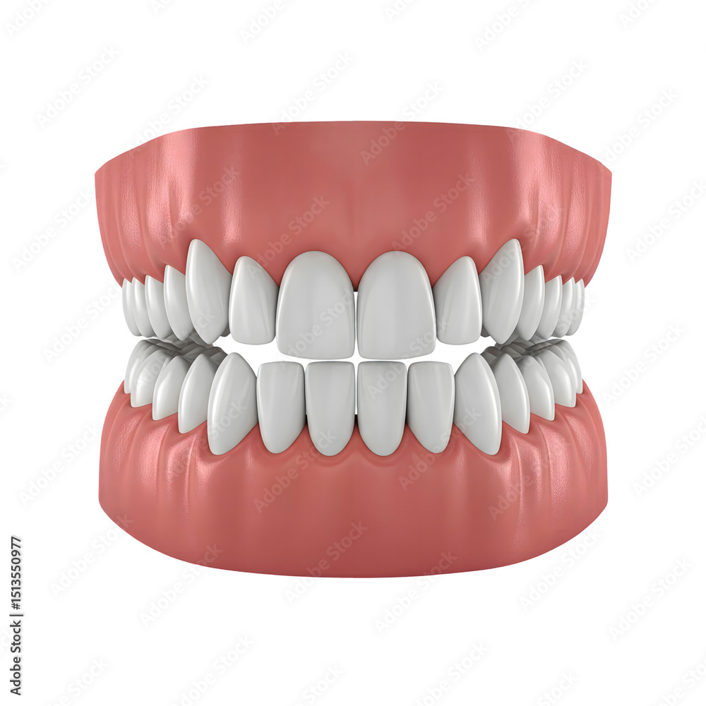 Obraz premium 3D render of upper and lower human teeth in open-mouth dental model, all teeth visible, gradient grey background, high detail