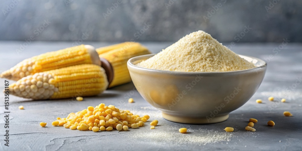 Fototapeta premium A Bowl of Fine Cornmeal with Fresh Corn and Kernels on a Gray Surface