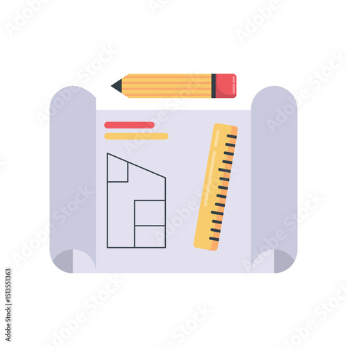 Flat icon of a blueprint paper with a pencil and ruler, used in planning and drafting engineering designs