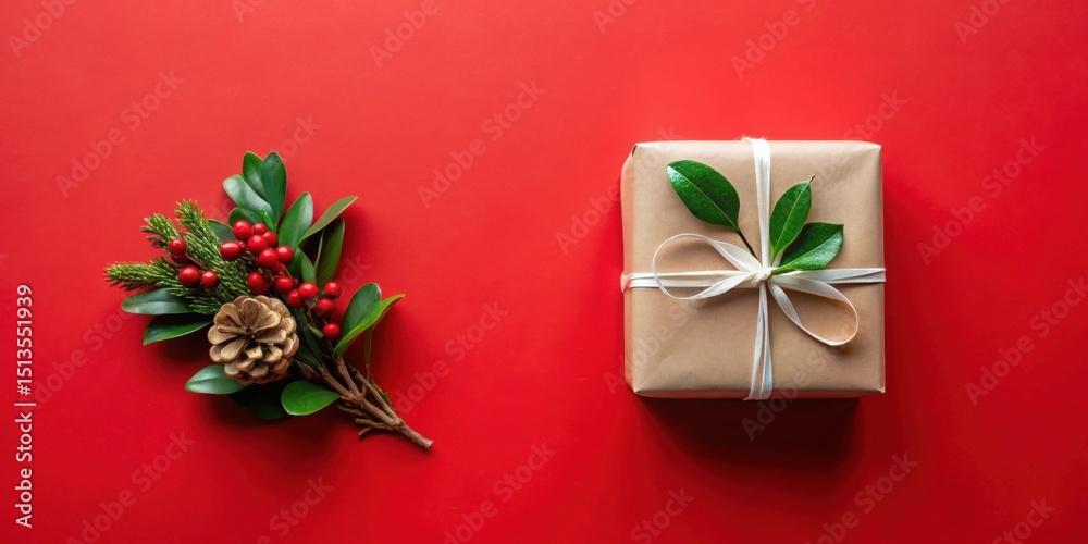 Fototapeta premium A Festive Present and Winter Botanicals Arranged on a Vibrant Red Background