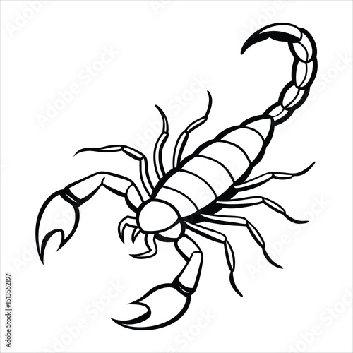 Line art of scorpion with raised tail.