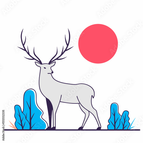 Illustration of a deer with plants and a red circle sun