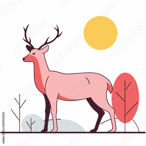 Illustration of a pink deer standing in a stylized scene