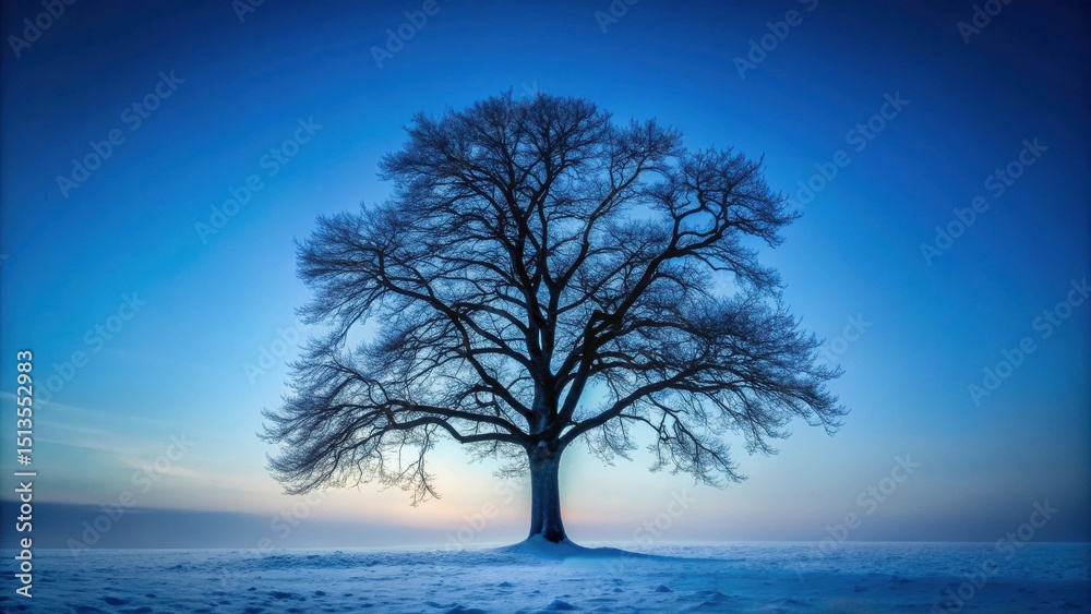 A solitary, leafless tree stands proudly in a snow-covered field under a vast, tranquil blue winter sky at dawn A solitary, leafless tree stands proudly in a snow-covered field under a vast, tranquil blue winter sky at dawn