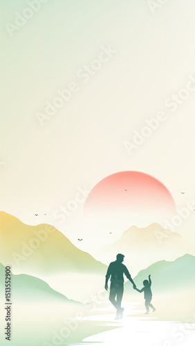 Father's Day vertical illustration landscape and father and son silhouettes