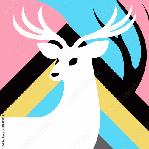 Stylized white deer with colorful geometric background