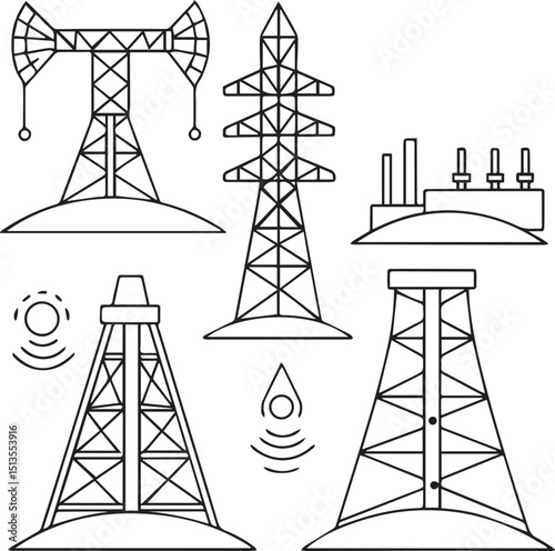 Radio Tower Vector with Antennas Oil Rigs and Energy Symbols