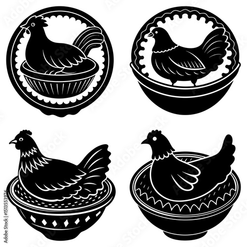 Four stylized black and white illustrations of hens nesting in bowls with decorative borders around them
