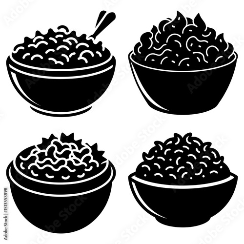 Illustration of four bowls filled with macaroni and cheese in a black and white color scheme