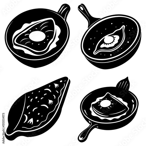 Illustration of four different preparations of khachapuri in black and white style drawing food