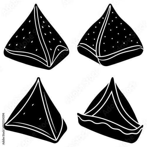Four black and white stylized samosas arranged in a square formation on a white background view