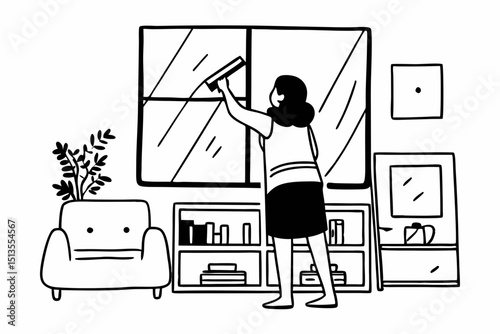 Half-Japanese housewife is cleaning the showcase and shelving in the living room, clean up on weekends, Big cleaning, Housework, Daily routine ,Removes germs and dirt and deep stains