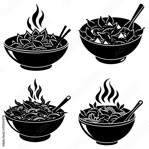 Four bowls of steaming noodles with toppings and utensils in black and white vector illustration