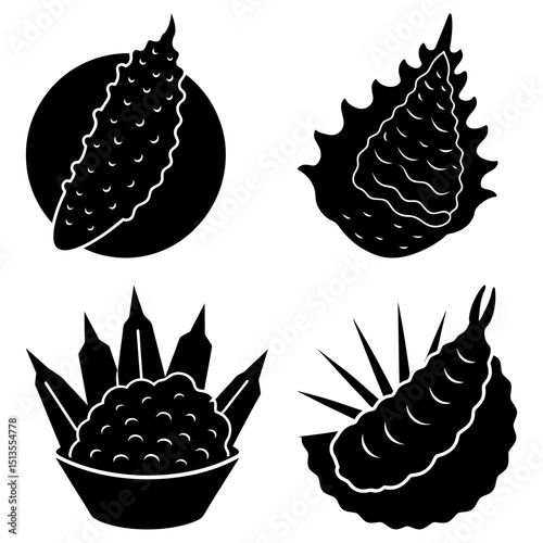 Black and white illustration of four different tempura dishes in various shapes and arrangements on white