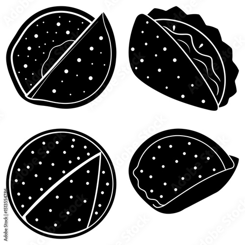 Black and white illustration of four different types of tacos and quesadillas with dots design