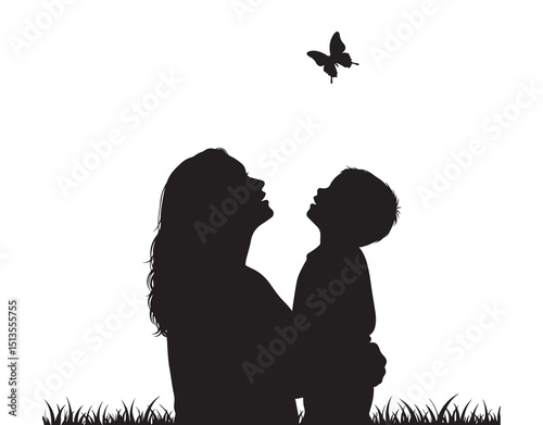 A vector image showing a mother and her baby. The mom and her son are gazing at a butterfly.
