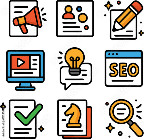 marketing icons perfect for websites, presentations, and social media to illustrate strategies, analytics, and digital advertising concepts.