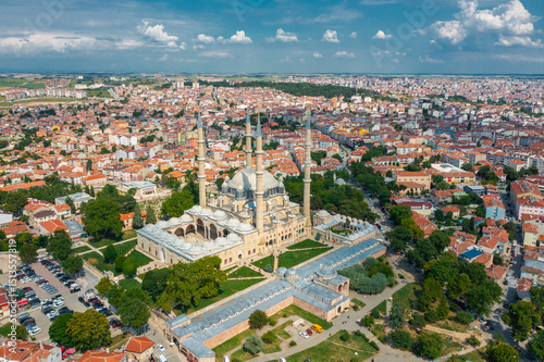 Selimiye Mosque (Selimiye Mosque) aerial view taken with a drone. The building, built by Mimar Sinan, has been included in the UNESCO World Heritage List. Edirne, Turkey.