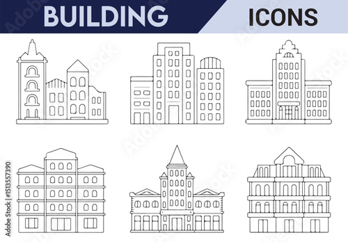 Urban Building Icon Set - A collection of building symbols for modern cityscape, construction, and residential designs.