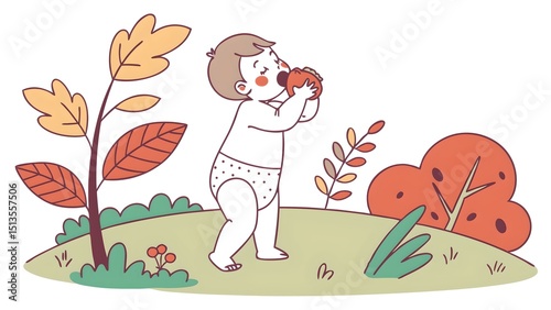 Little Explorer's Delight: A charming illustration captures a baby savoring a crisp apple in a vibrant outdoor setting, embracing the simplicity and joy of childhood. AI-generated image