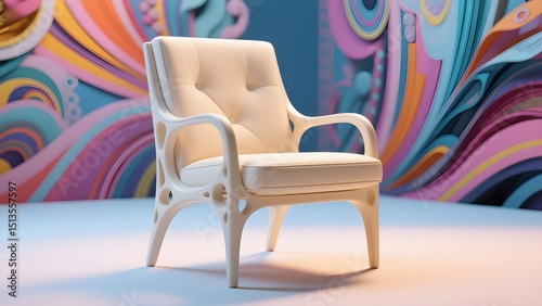 Elegant chair against colorful backdrop: Stylish chair on a playful and captivating, multi-hued backdrop, offering a perfect blend of modern design and artistic expression. AI-generated image