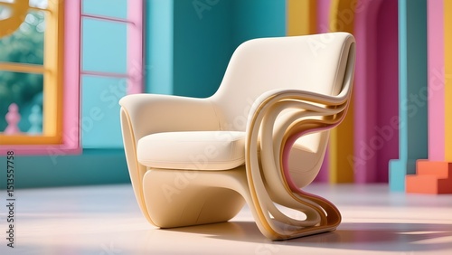 Modern Chair Design: A stylish off-white armchair with a unique, flowing wooden frame sits in a vibrant room. The chair's design is modern, comfortable, and eye-catching. AI-generated image
